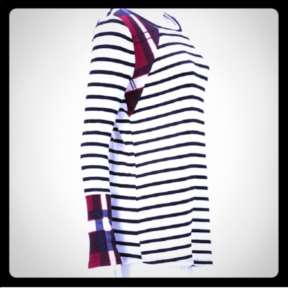 🆕 Striped Long Sleeve Tee with Plaid Contrast - Picture 3 of 6